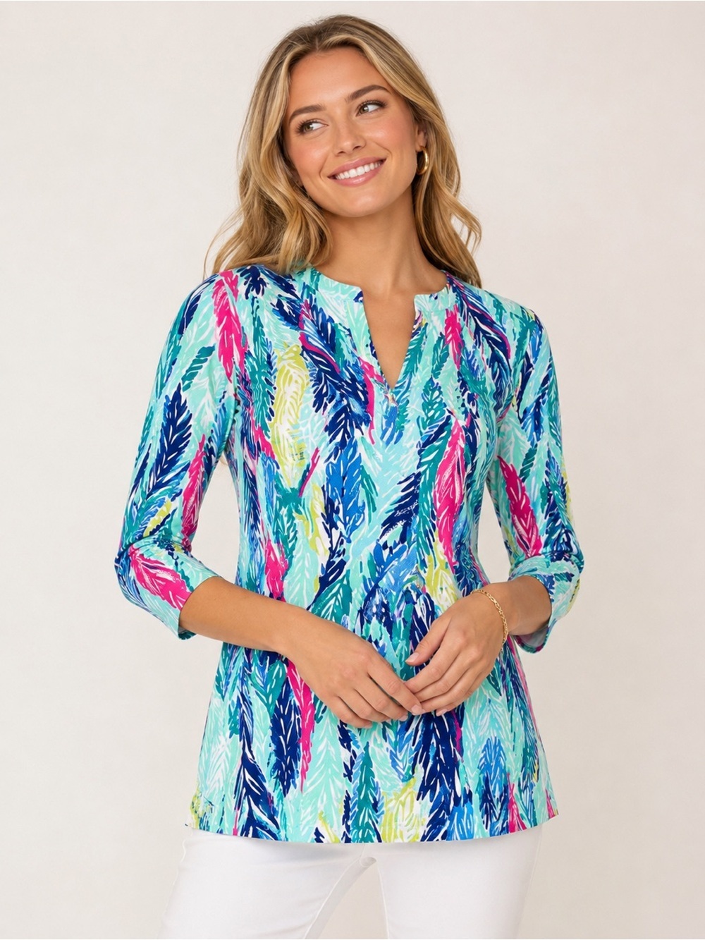 Lilly Pulitzer Feather Print Tunic Top Multicolor 3/4 Sleeve Medium